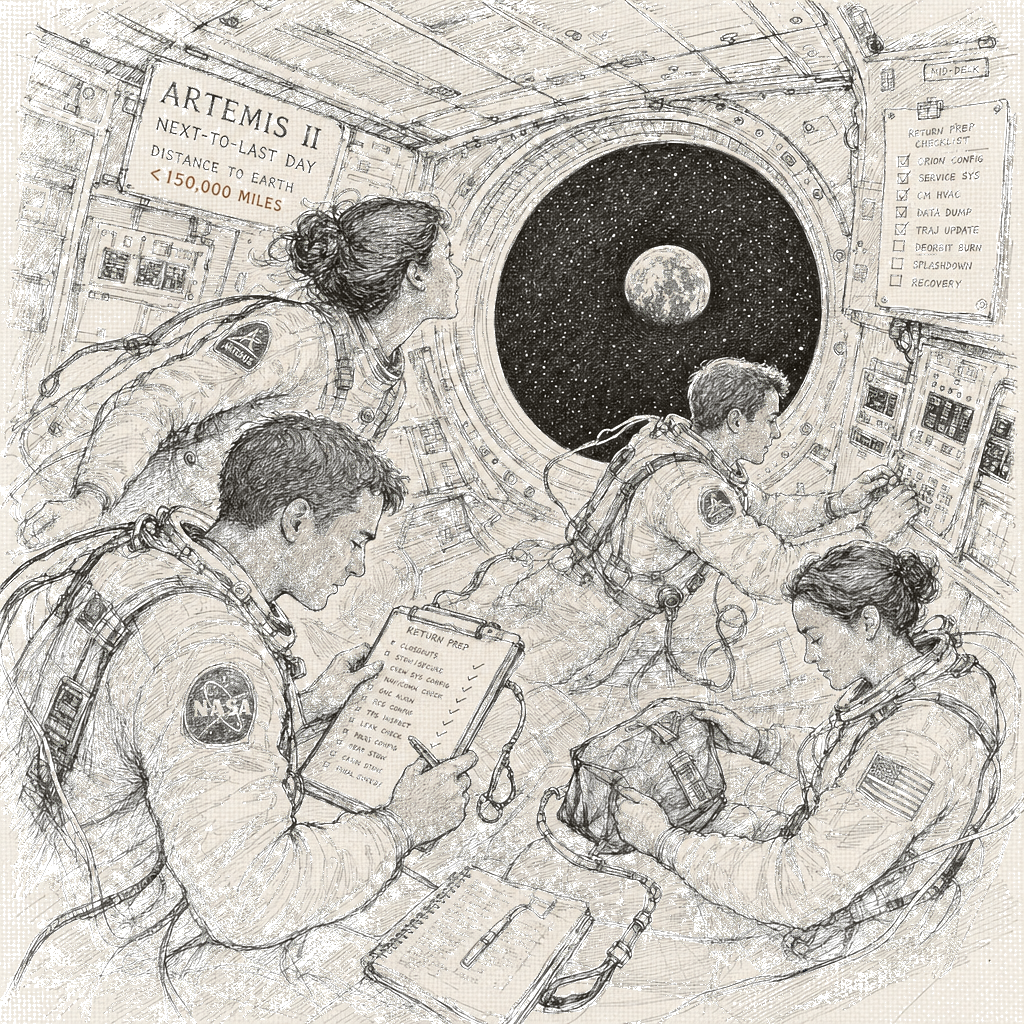 Illustration accompanying article: Artemis II astronauts prepare to return to Earth