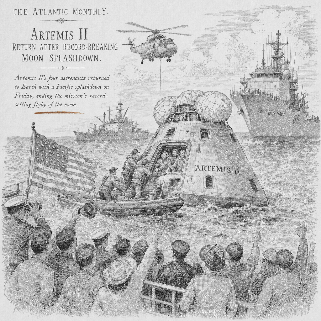Illustration accompanying article: Artemis II astronauts return after record-breaking moon splashdown
