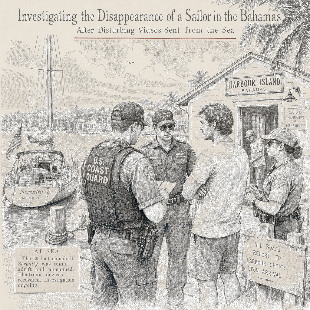 Illustration accompanying article: Woman vanished in Bahamas after sailing videos; husband questioned, Coast Guard probes