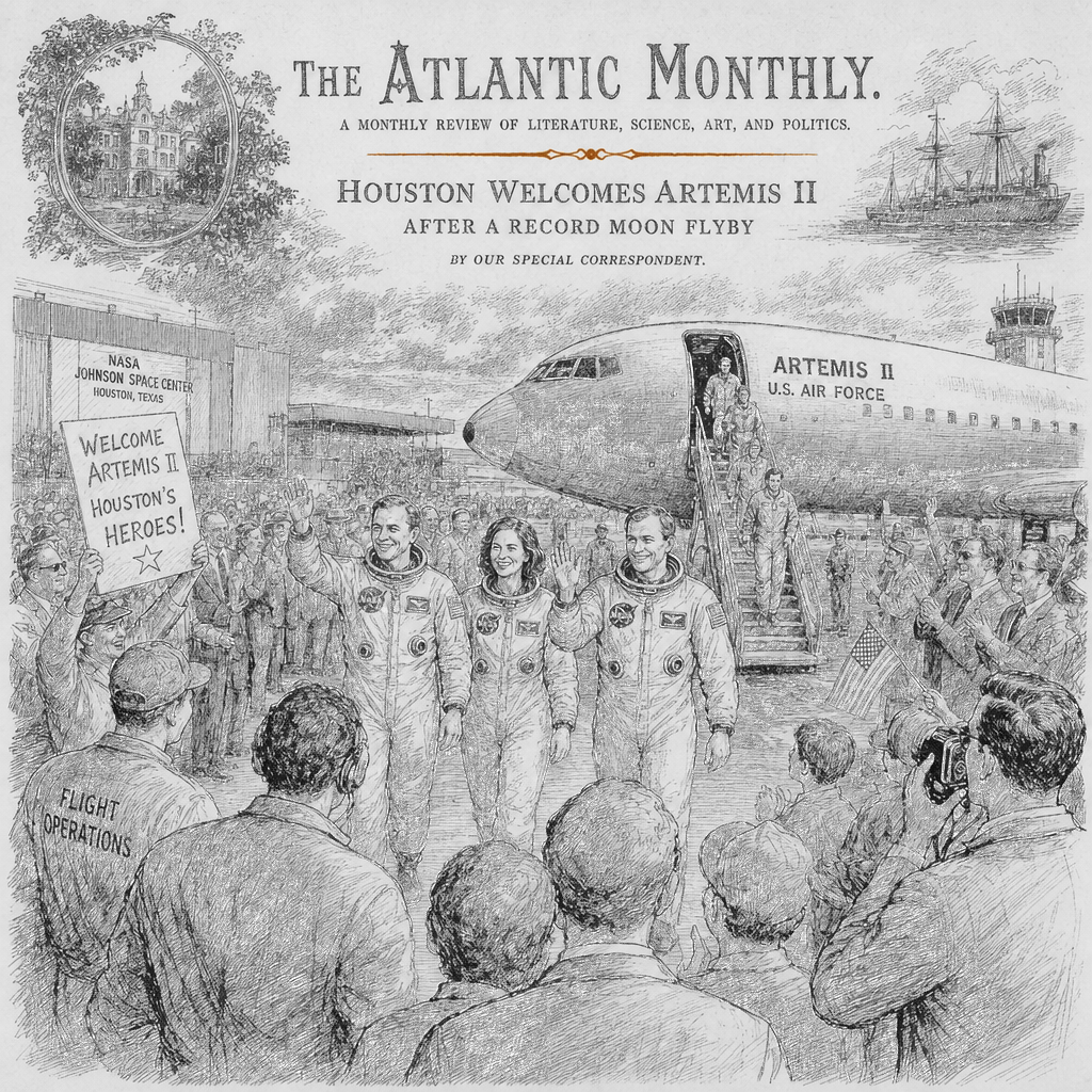 Illustration accompanying article: Artemis II astronauts return to Houston after record moon flyby