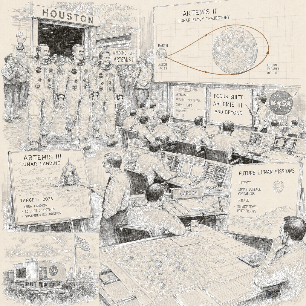 Illustration accompanying article: Artemis II’s success sets up the next NASA Artemis missions, including Artemis III