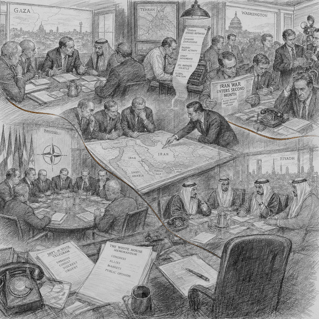 Illustration accompanying article: Iran war reverberations: Gaza talks strain NATO, Gulf states, U.S. politics