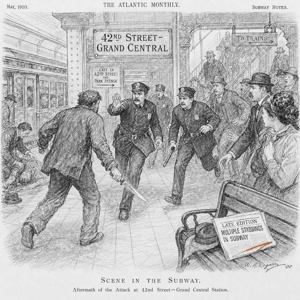 Illustration accompanying article: Police fatally shoot machete man after subway stabbings at Grand Central