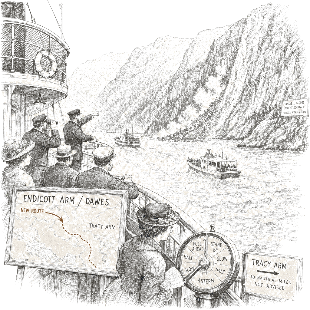 Illustration accompanying article: Cruises avoid Tracy Arm after landslide; switch to Endicott Arm, Dawes