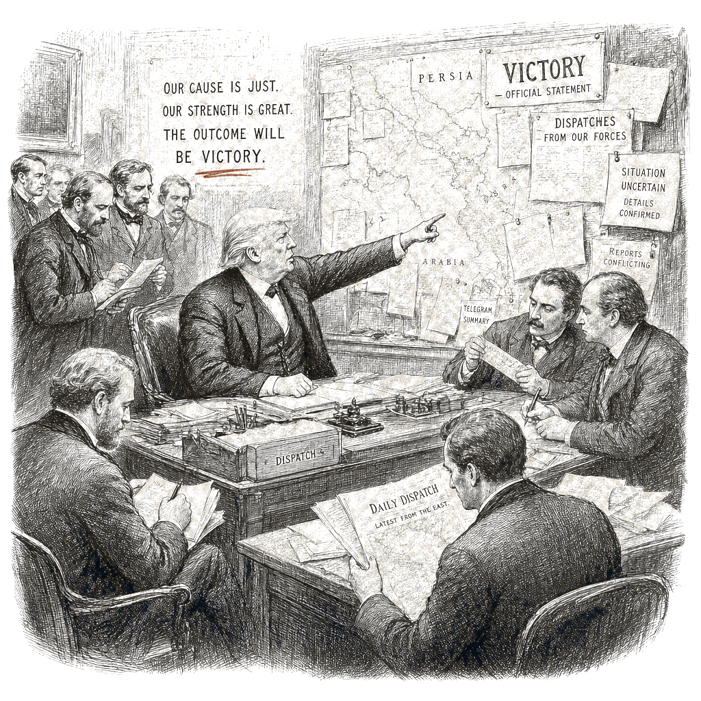 Illustration accompanying article: Trump’s “never loses” message and Iran war win framing, AP analysis