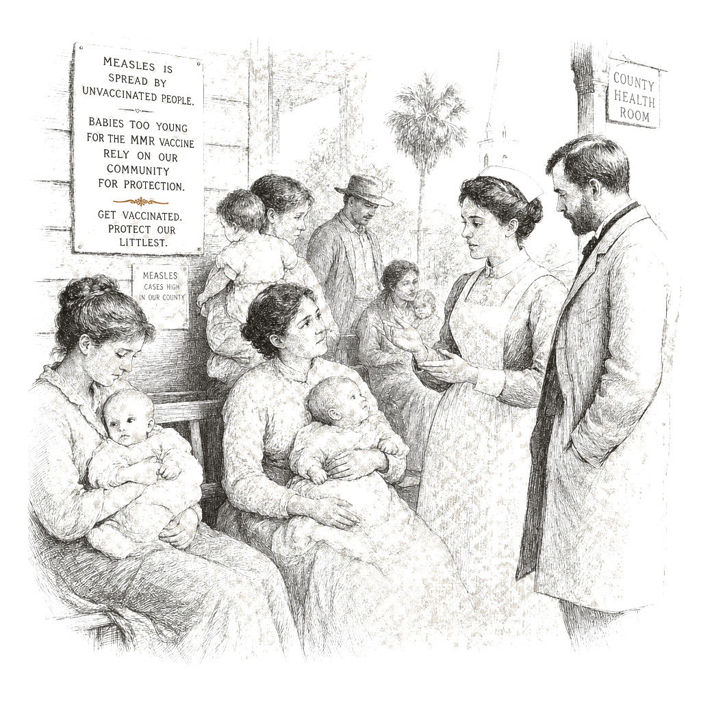 Illustration accompanying article: Too young for measles vaccine, babies are ‘sitting ducks’ in outbreaks