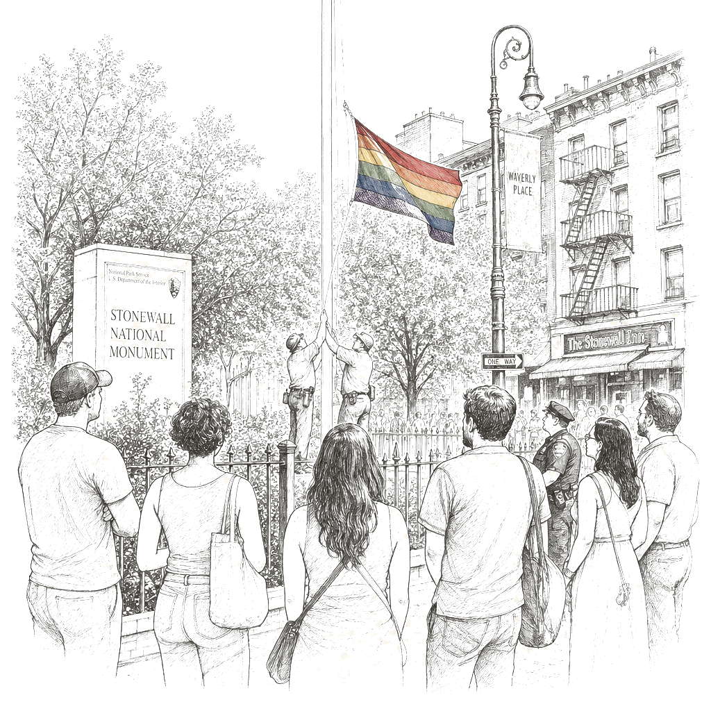 Illustration accompanying article: Trump administration agrees to resume Pride flag at Stonewall
