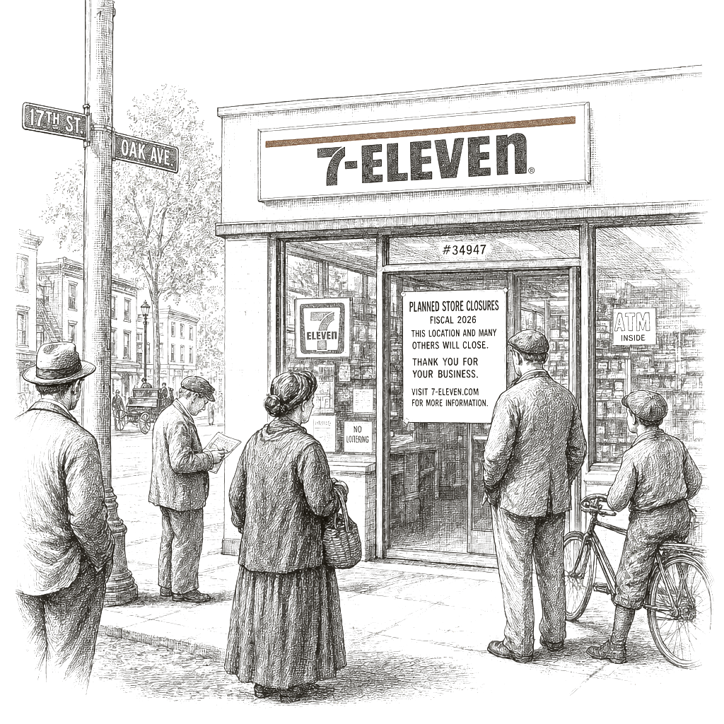 Illustration accompanying article: 7-Eleven plans to close 645 North American stores in fiscal 2026