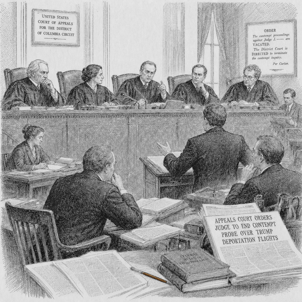 Illustration accompanying article: Appeals court orders judge to end contempt probe over Trump deportation flights