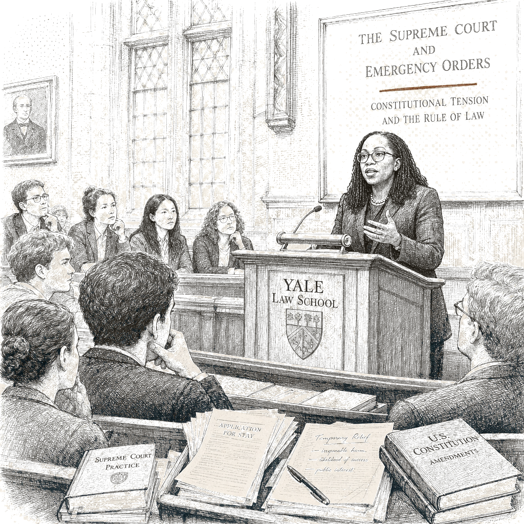 Illustration accompanying article: Jackson calls Supreme Court emergency orders 'scratch-paper musings' in Yale speech