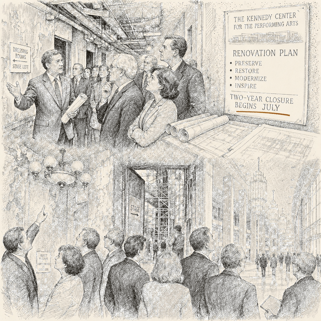 Illustration accompanying article: Kennedy Center seeks to sell renovation plan ahead of July closure