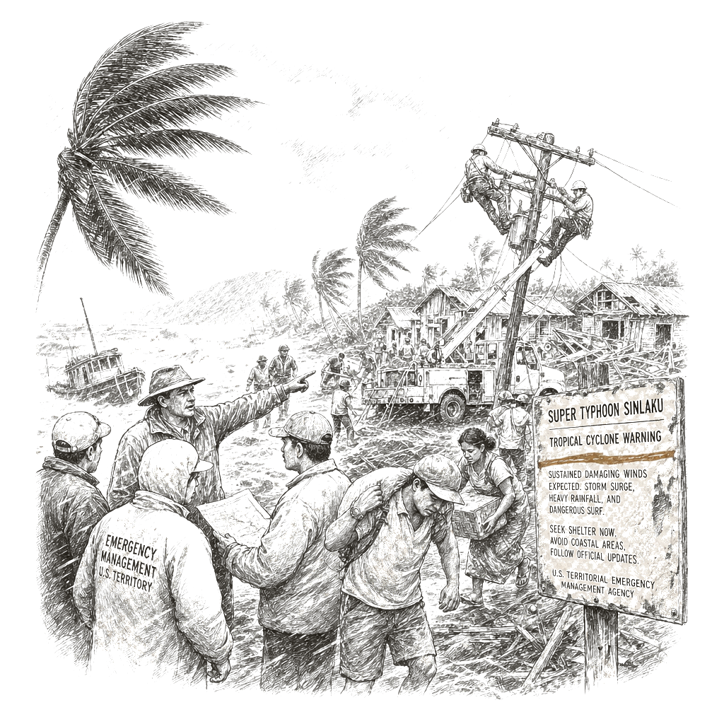 Illustration accompanying article: Super Typhoon Sinlaku batters remote U.S. islands, officials warn