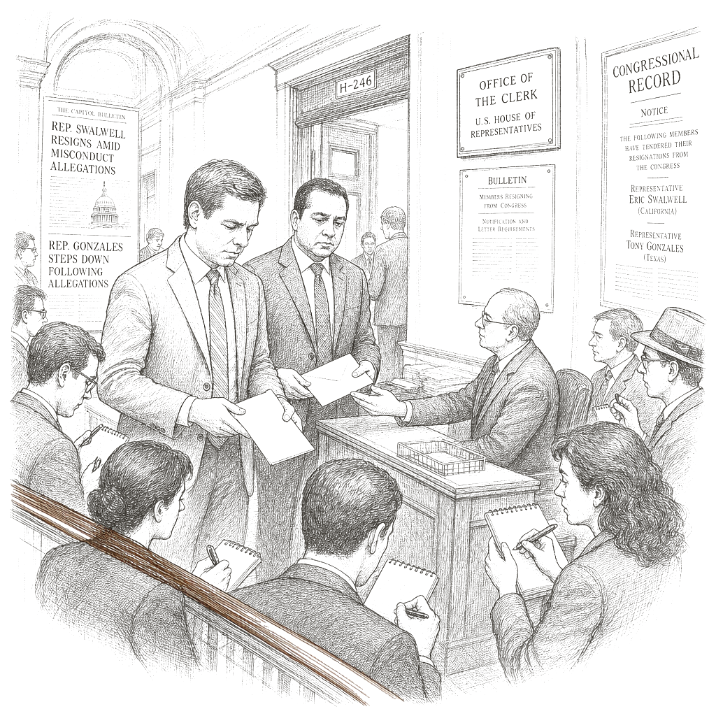 Illustration accompanying article: Swalwell and Gonzales resign from Congress amid sexual misconduct allegations