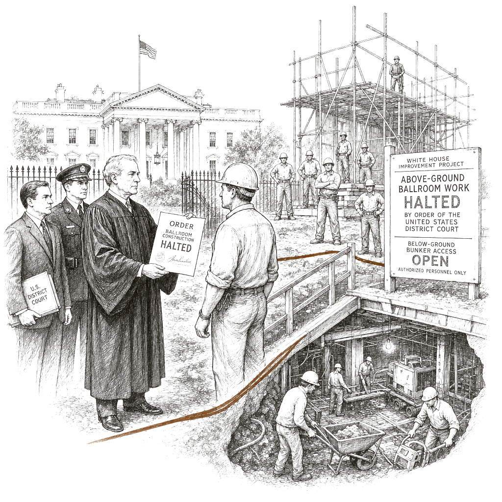 Illustration accompanying article: Federal judge blocks above-ground White House ballroom construction, allows bunker work