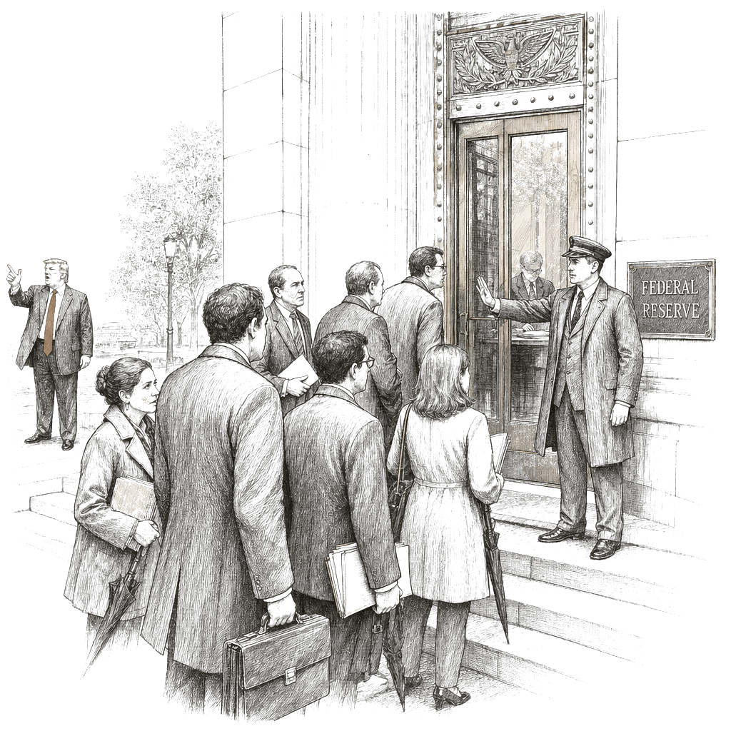 Illustration accompanying article: Prosecutors turned away at Fed as Trump threatens to fire Powell