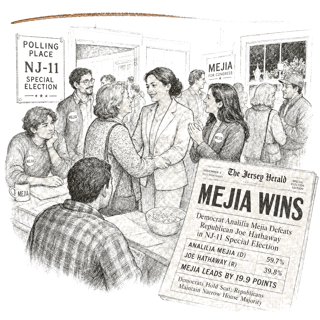 Illustration accompanying article: Mejía wins New Jersey House special election, adding to Democratic gains