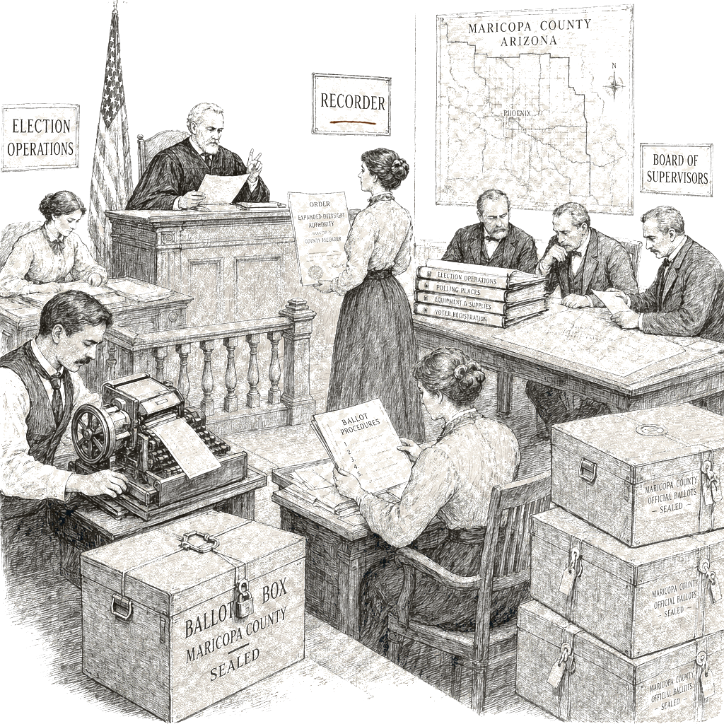Illustration accompanying article: Arizona judge backs recorder's expanded authority in county election dispute