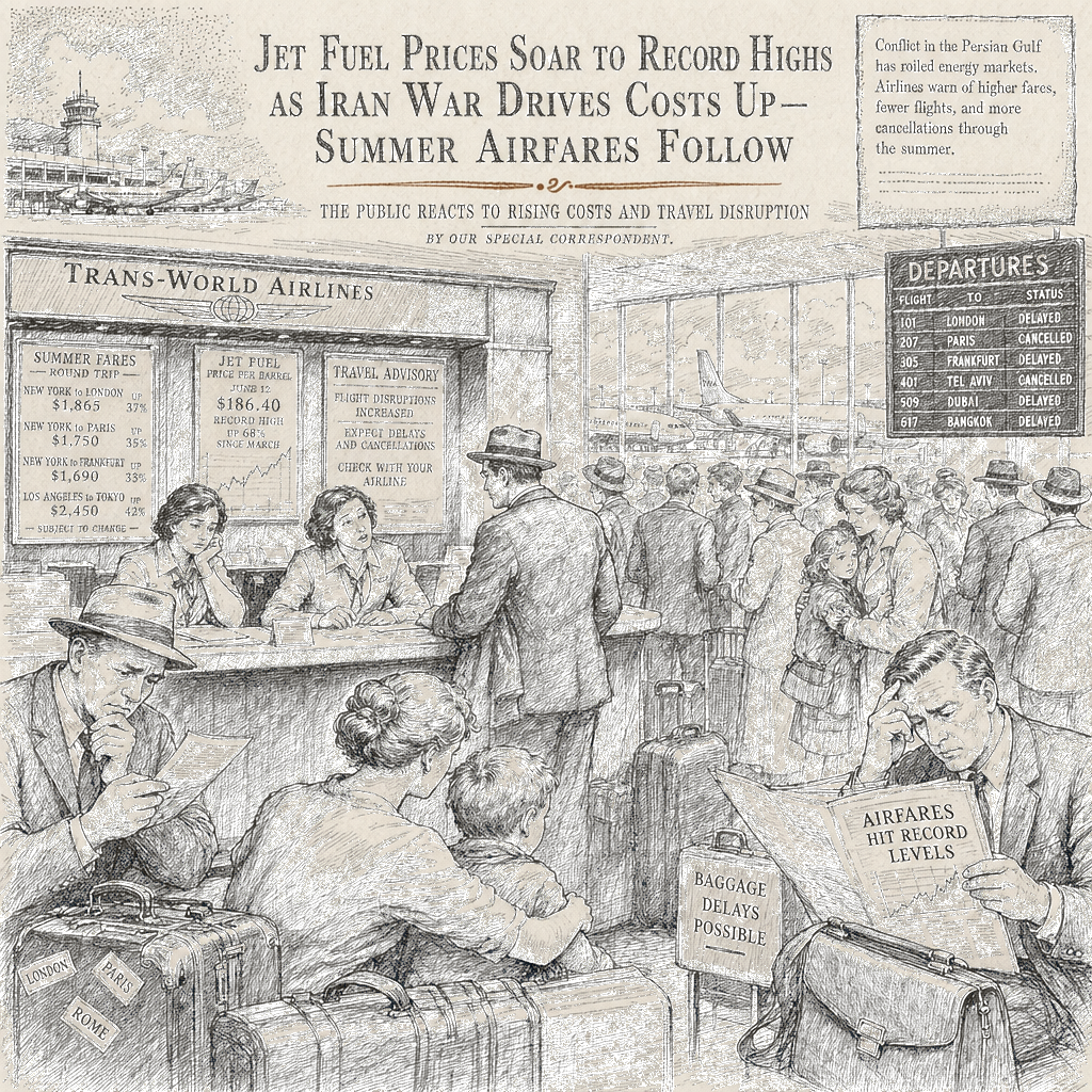 Illustration accompanying article: Iran war drives jet fuel prices to record highs, raising summer airfares