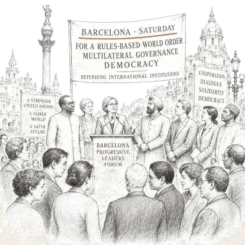 Illustration accompanying article: Progressive leaders rally in Barcelona to defend rules-based world order