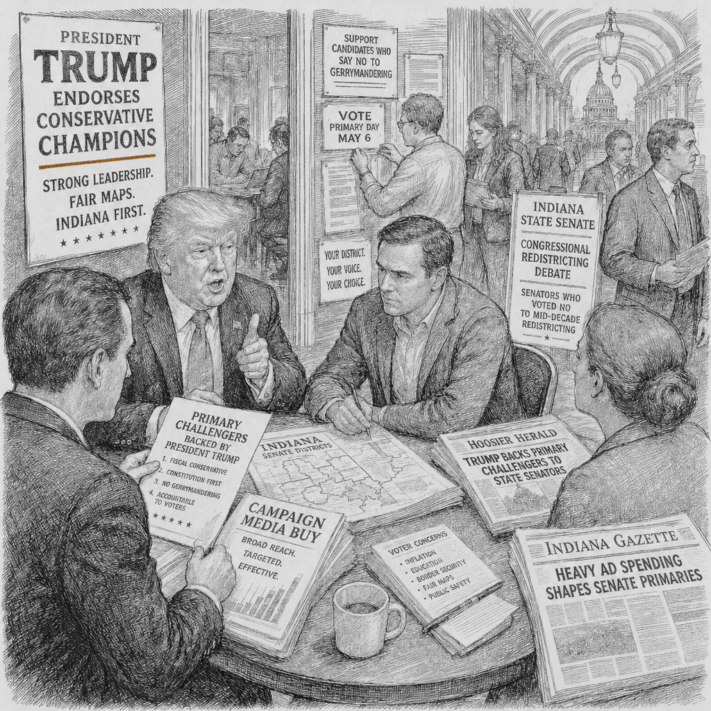 Illustration accompanying article: Trump backs primary challengers to Indiana senators who rejected redistricting