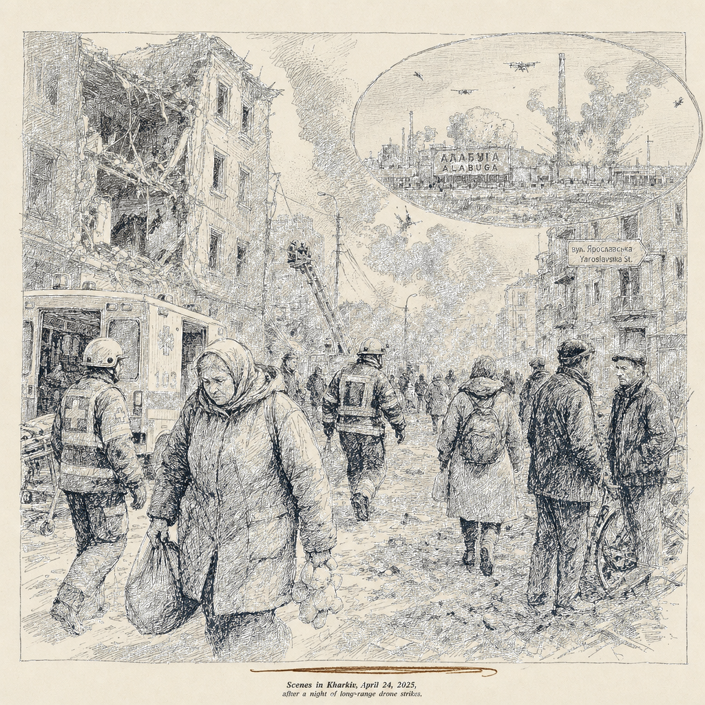 Illustration accompanying article: Russian strikes kill 2 in Ukraine; Ukraine strikes drone factory