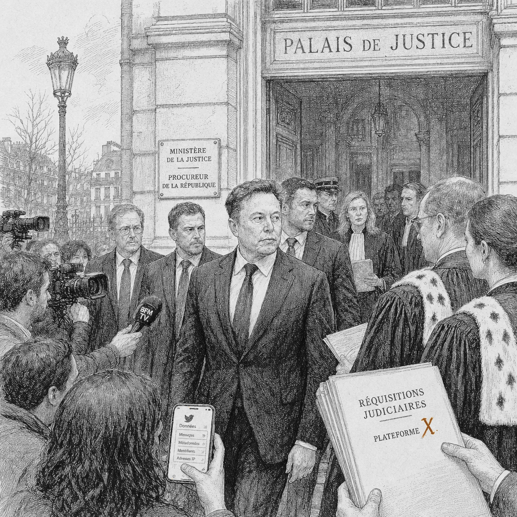 Illustration accompanying article: Elon Musk summoned to Paris in X child-abuse and deepfake investigation