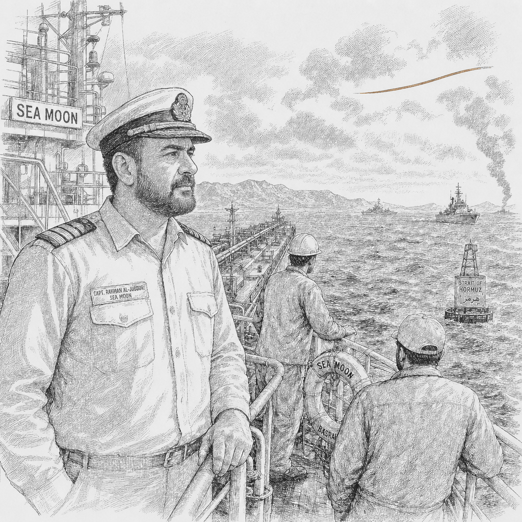 Illustration accompanying article: Iraqi captain keeps sailing volatile waters amid regional war