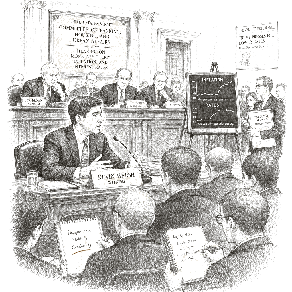 Illustration accompanying article: Trump’s Fed nominee Kevin Warsh vows to curb inflation despite rate-cut push