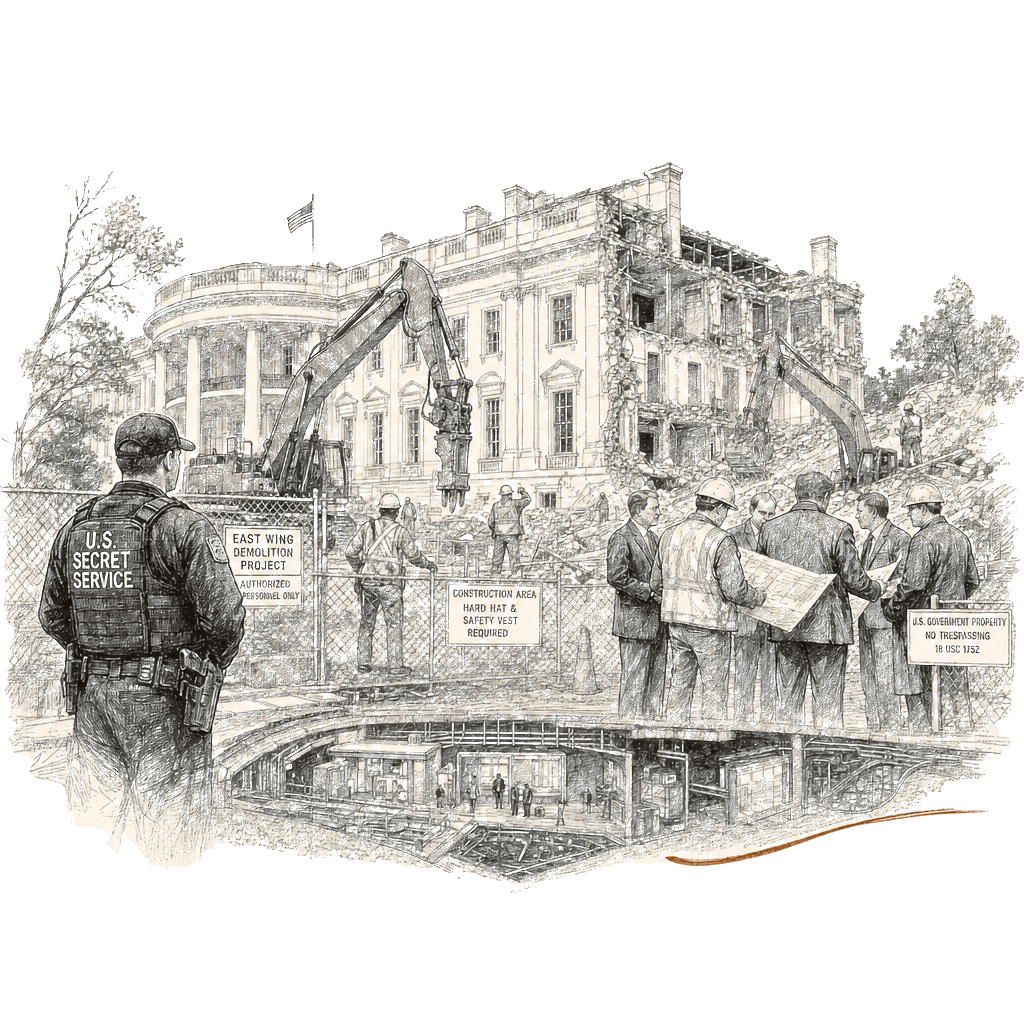Illustration accompanying article: What a secret bunker means for White House East Wing demolition