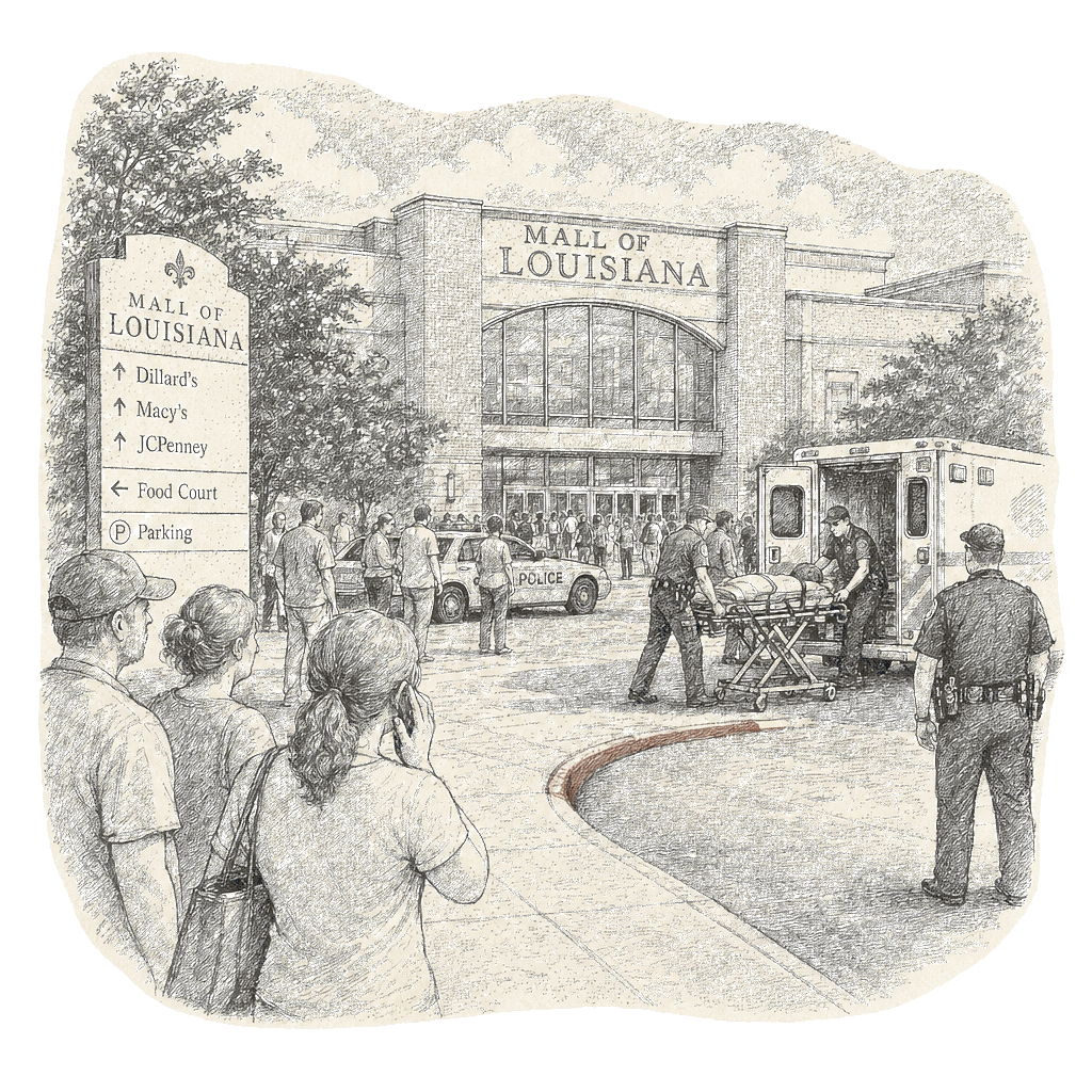 Illustration accompanying article: 1 dead, 5 wounded in shooting at Mall of Louisiana in Baton Rouge