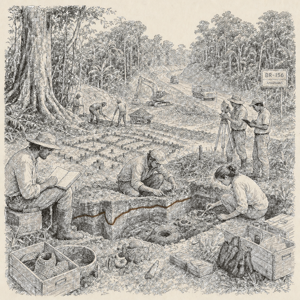 Illustration accompanying article: Highway work in Brazil's Amazon leads to digs and new findings
