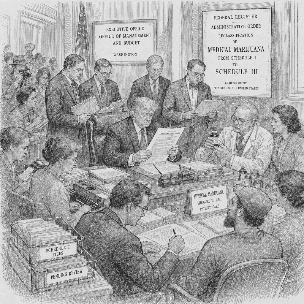 Illustration accompanying article: Trump order reclassifies medical marijuana as Schedule III