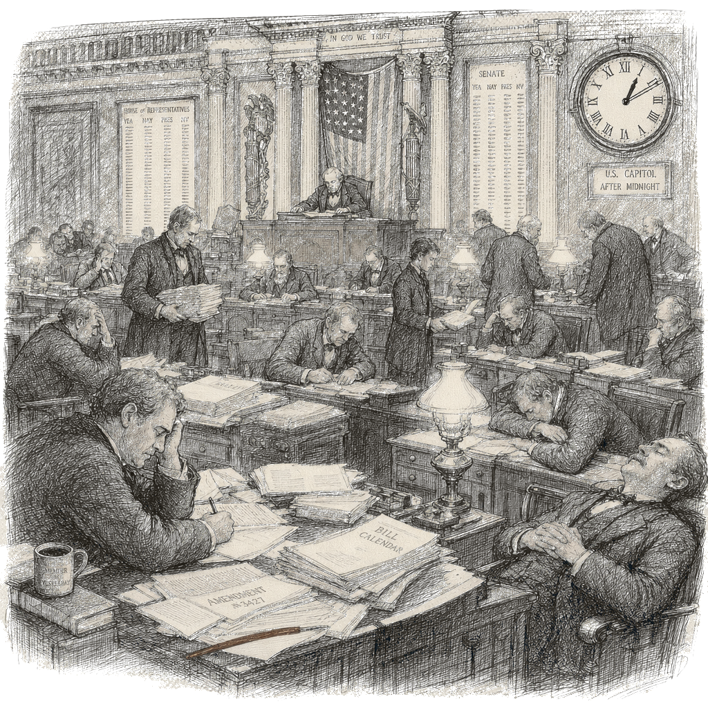 Illustration accompanying article: All-nighters in Congress create dysfunction after dark