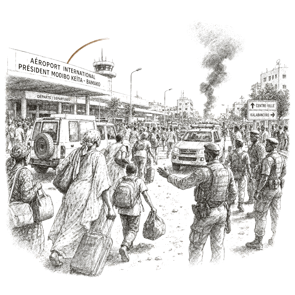 Illustration accompanying article: Coordinated militant attacks strike Bamako airport and other Mali cities