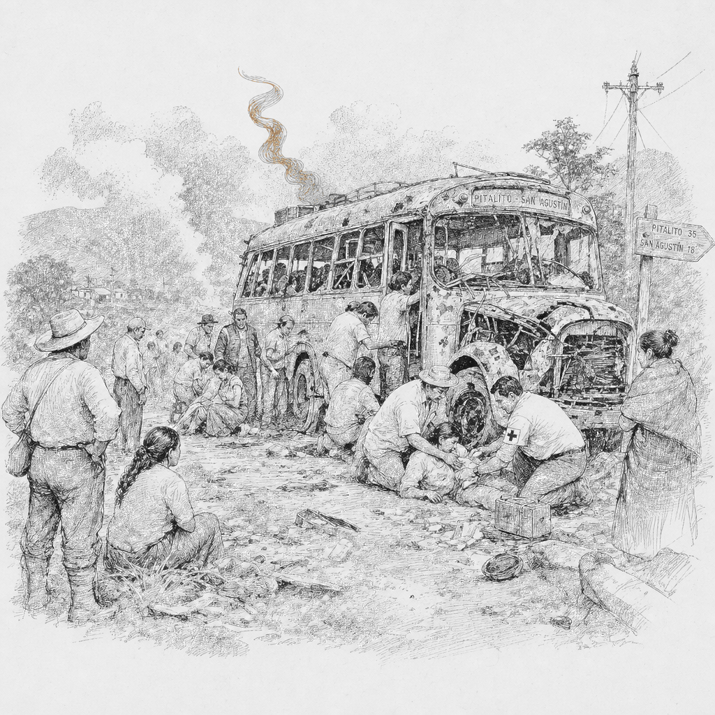 Illustration accompanying article: Explosive device kills 13 on bus in Colombia as violence persists