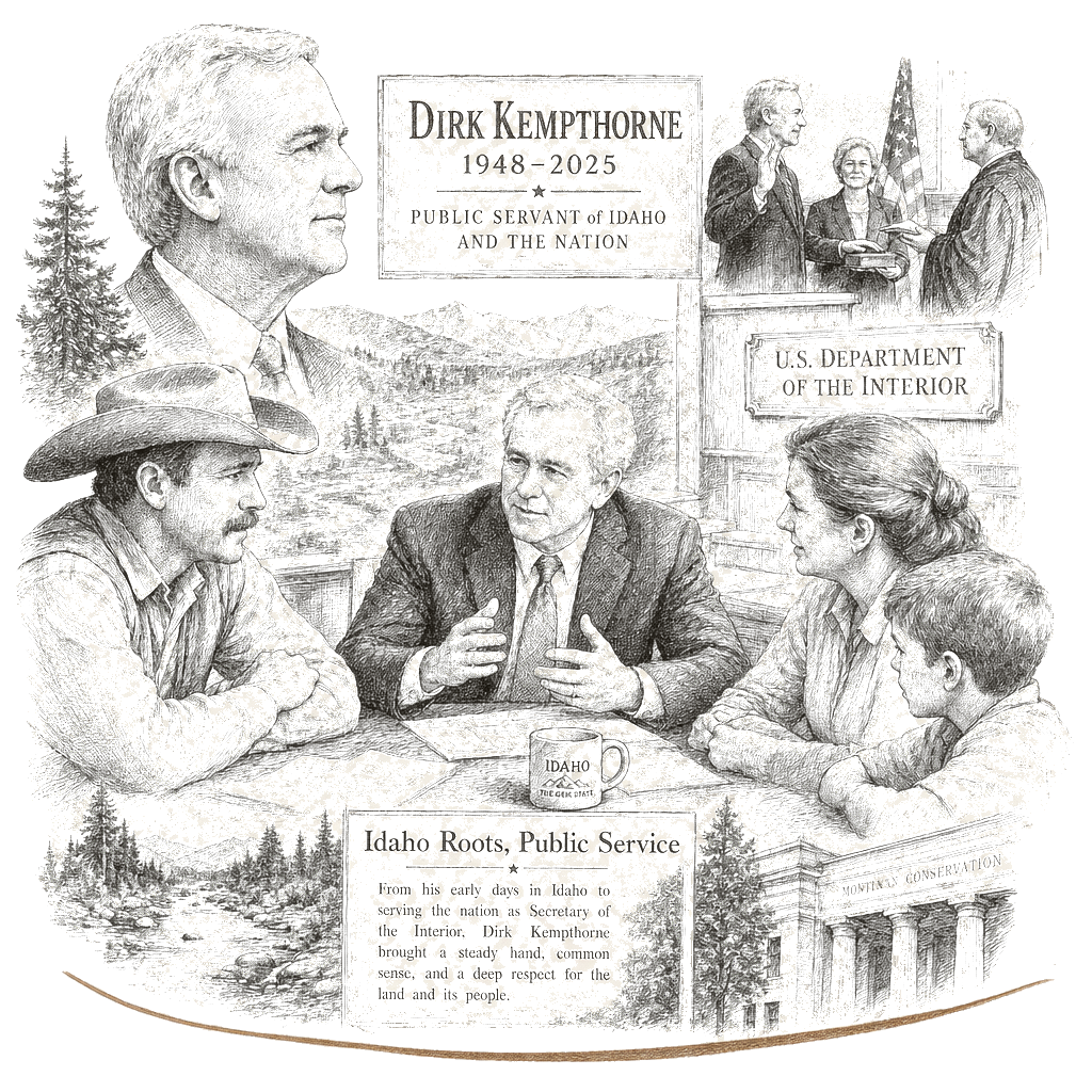 Illustration accompanying article: Former Interior secretary Dirk Kempthorne dies at 74