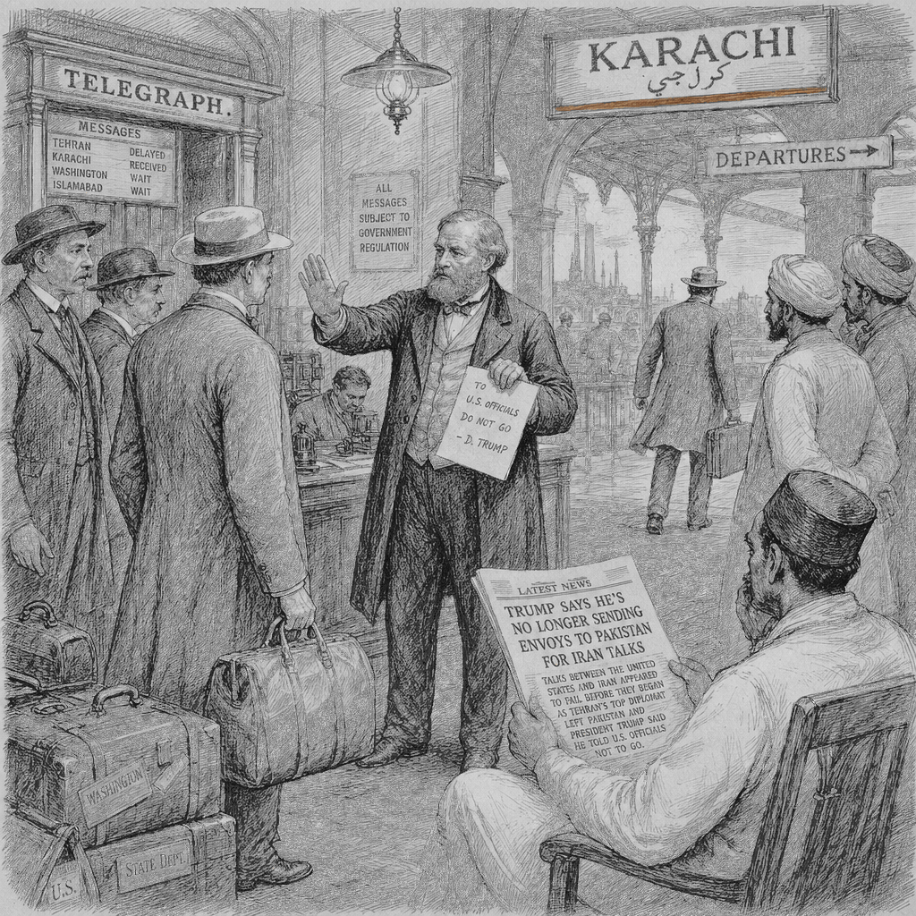 Illustration accompanying article: Trump says he’s no longer sending envoys to Pakistan for Iran talks