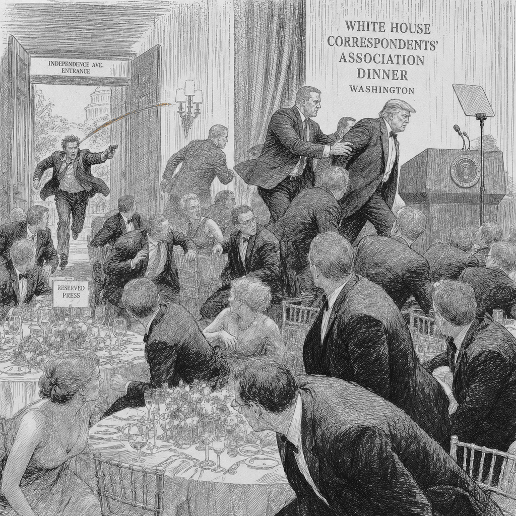 Illustration accompanying article: Trump unharmed after shots during White House correspondents’ dinner