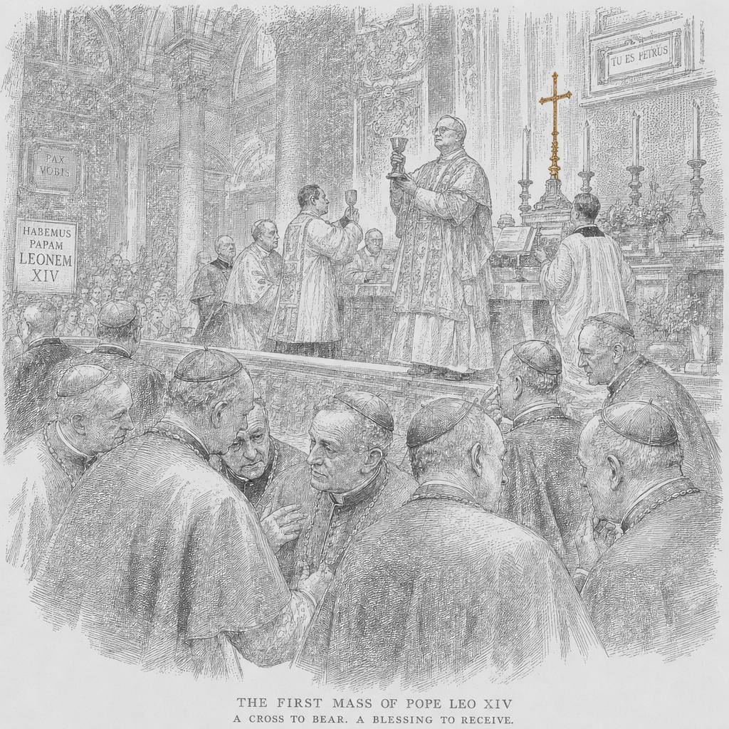 Illustration accompanying article: Pope Leo XIV celebrates first Mass as cardinals begin sharing conclave details