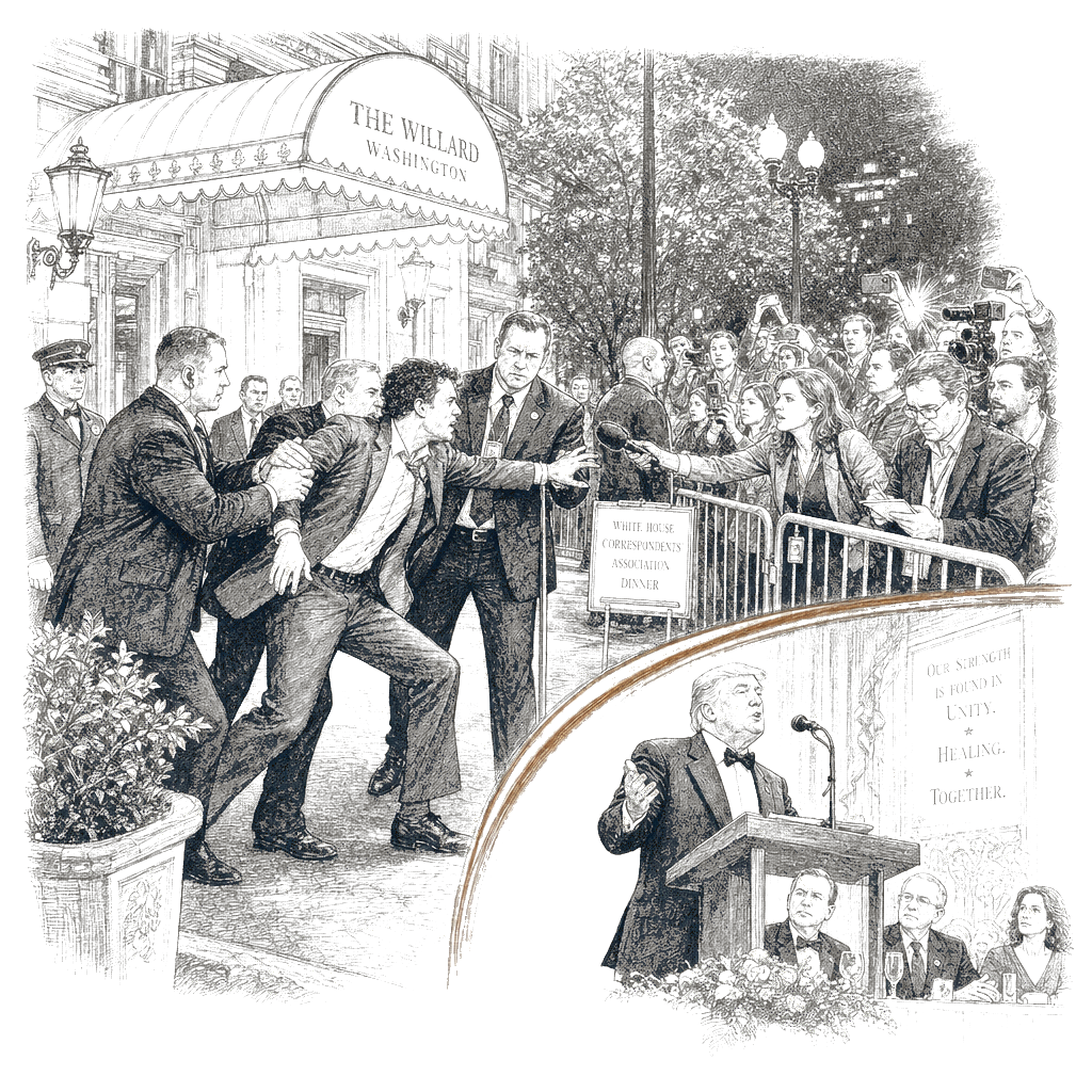 Illustration accompanying article: Trump calls for unity after hotel breach. But will he keep the tone?