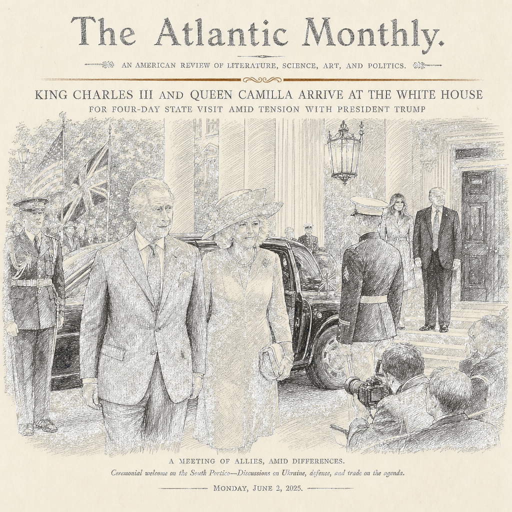 Illustration accompanying article: King Charles III arrives in US for 4-day state visit amid Trump rift