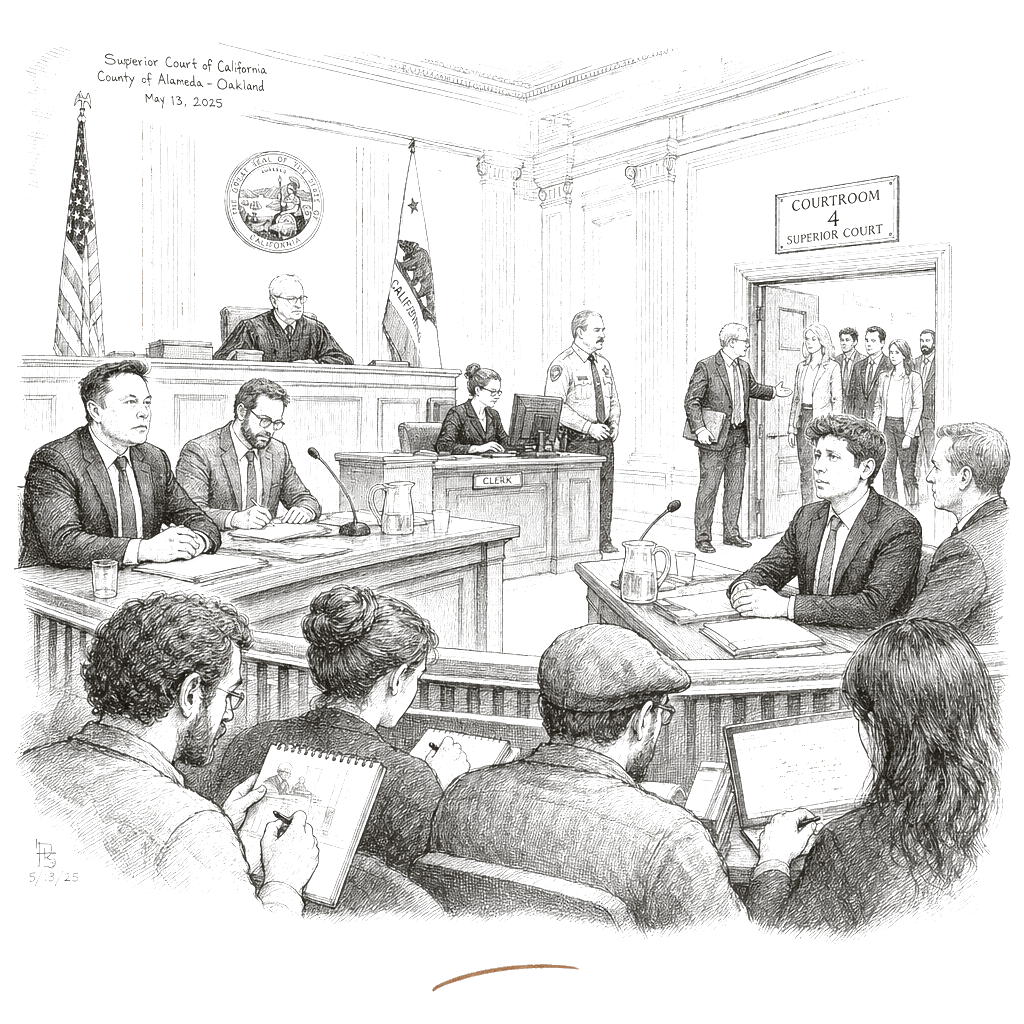 Illustration accompanying article: Musk and Altman go to trial over OpenAI’s nonprofit origins
