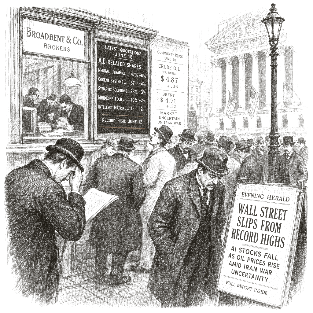 Illustration accompanying article: Sinking AI stocks and rising oil prices weigh on Wall Street