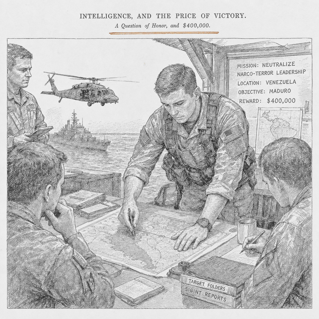 Illustration accompanying article: U.S. soldier charged with using intel to win $400K on Maduro raid