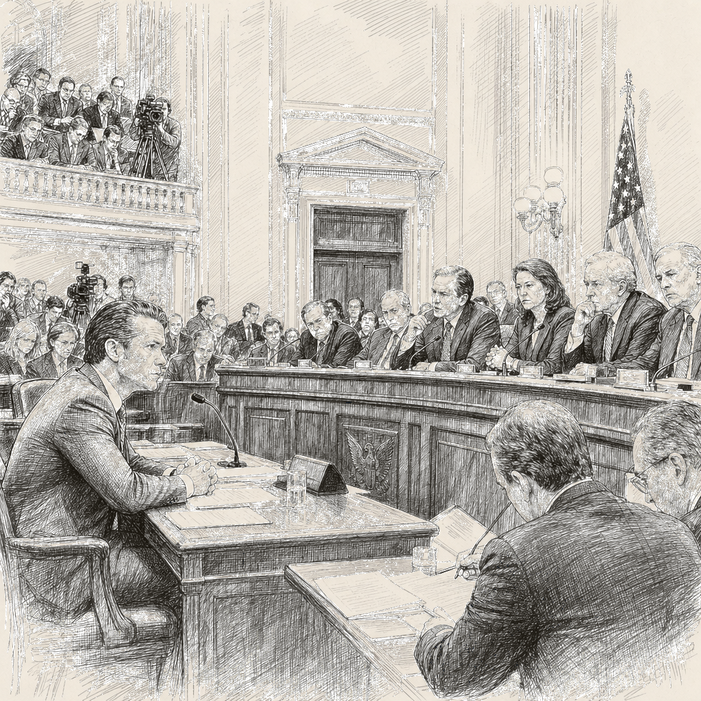 Illustration accompanying article: Hegseth faces withering Iran questions in first Congress appearance