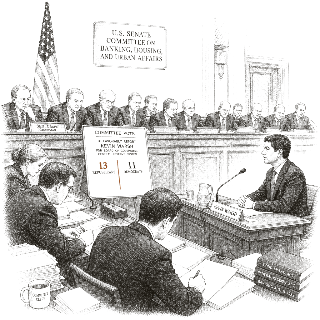 Illustration accompanying article: Senate Banking advances Kevin Warsh to lead Fed, on 13-11 party-line vote