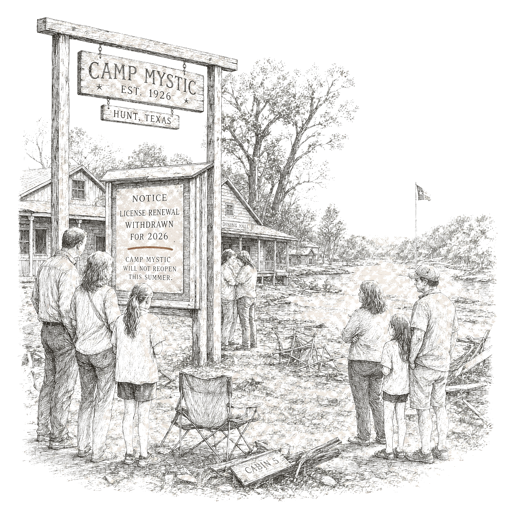 Illustration accompanying article: Camp Mystic in Texas will not reopen this summer after all