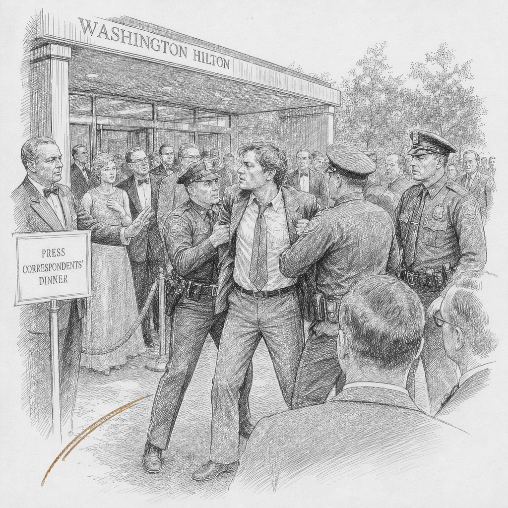 Illustration accompanying article: Prosecutors release video of man storming correspondents’ dinner
