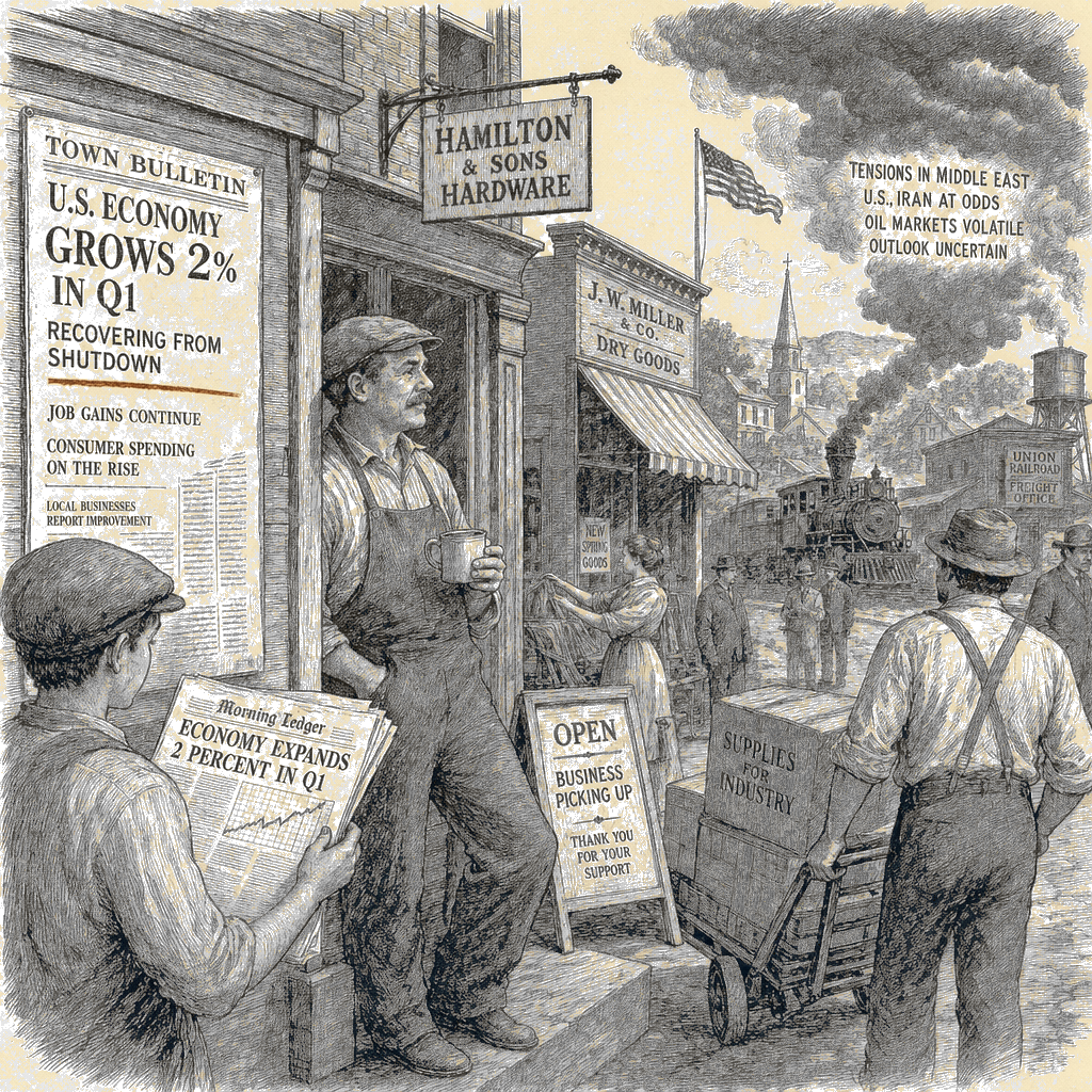 Illustration accompanying article: U.S. economy grew 2% in Q1, recovering from shutdown; Iran war clouds outlook