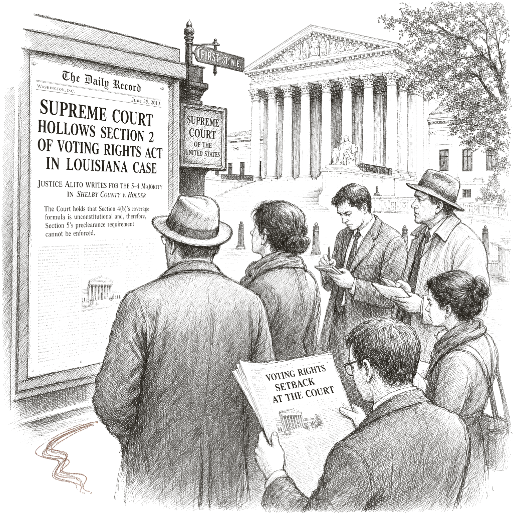 Illustration accompanying article: Supreme Court hollows Voting Rights Act’s Section 2 in Louisiana case